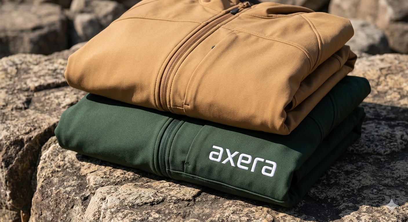 Folded AXERA jackets resting on rock