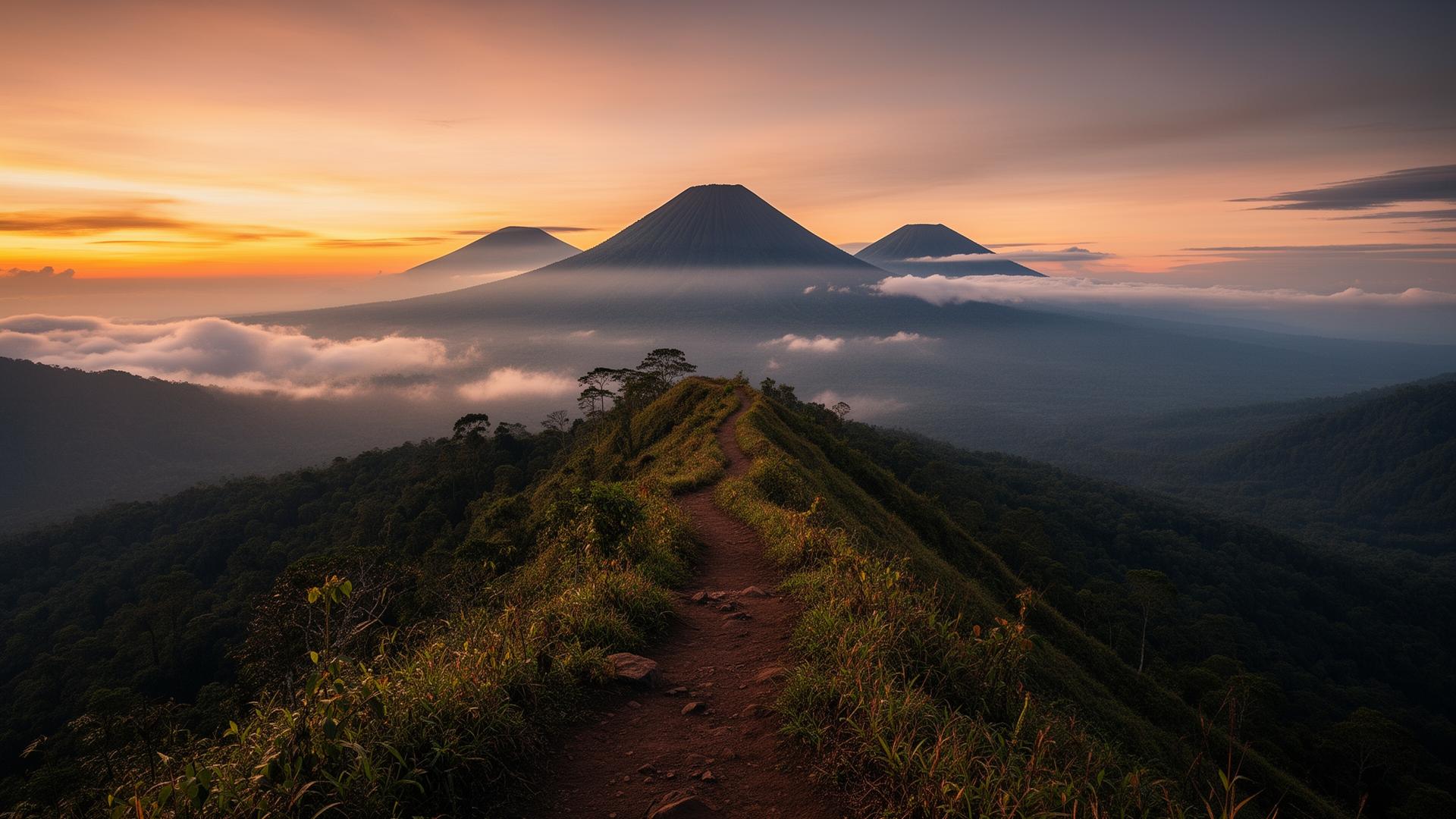 Misty Indonesian mountain ridge
